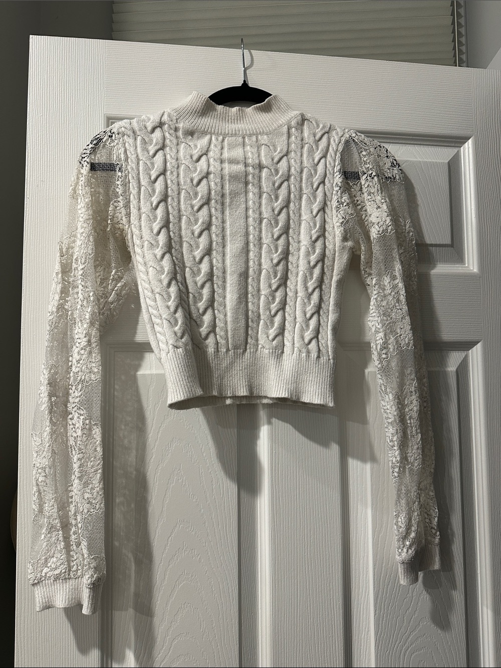 SHEIN Ivory Cable Knit Sweater with Lace Sleeves